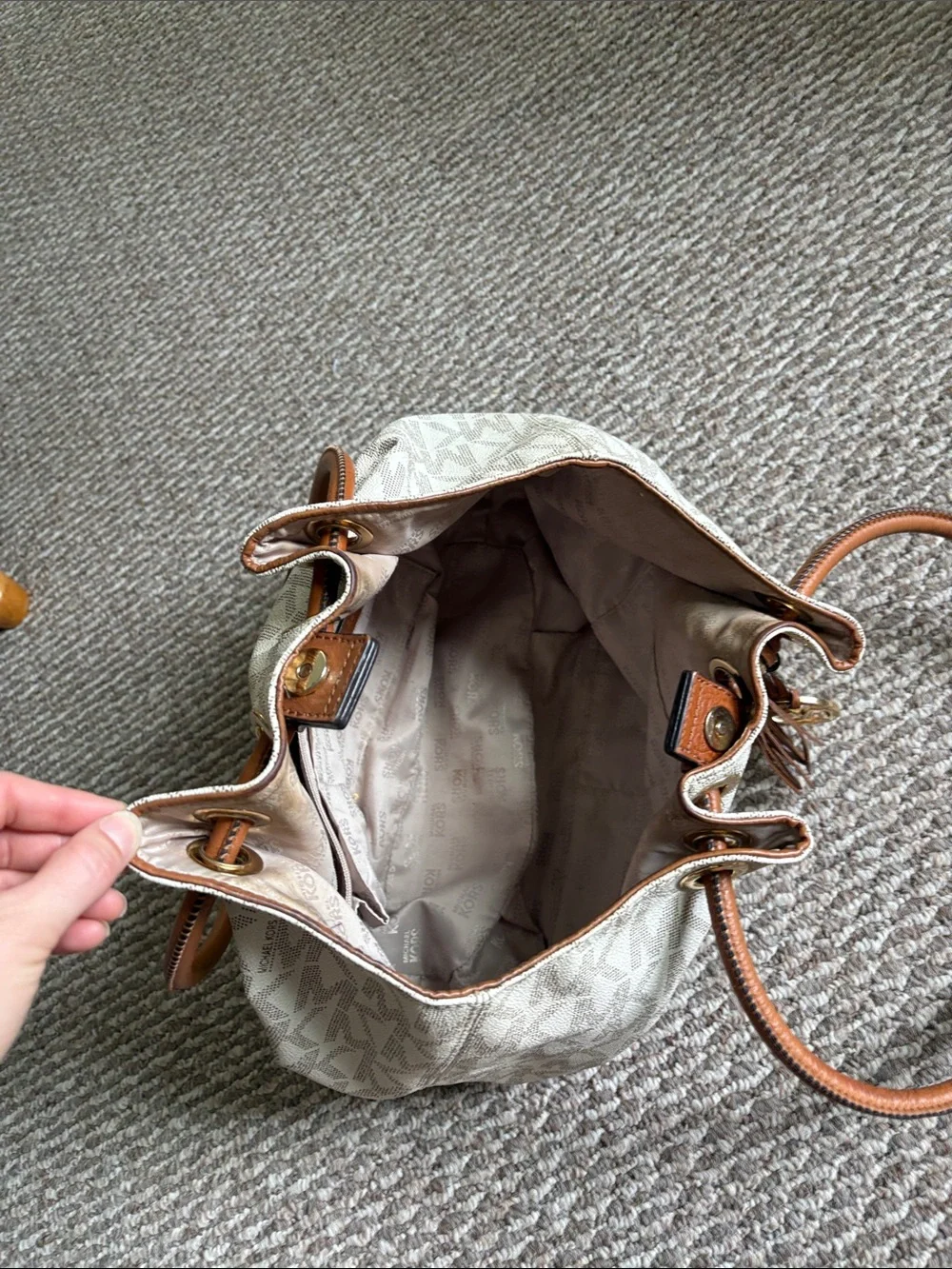 Michael Kors Cream MK Logo Ring Tote with Brown Leather Handles